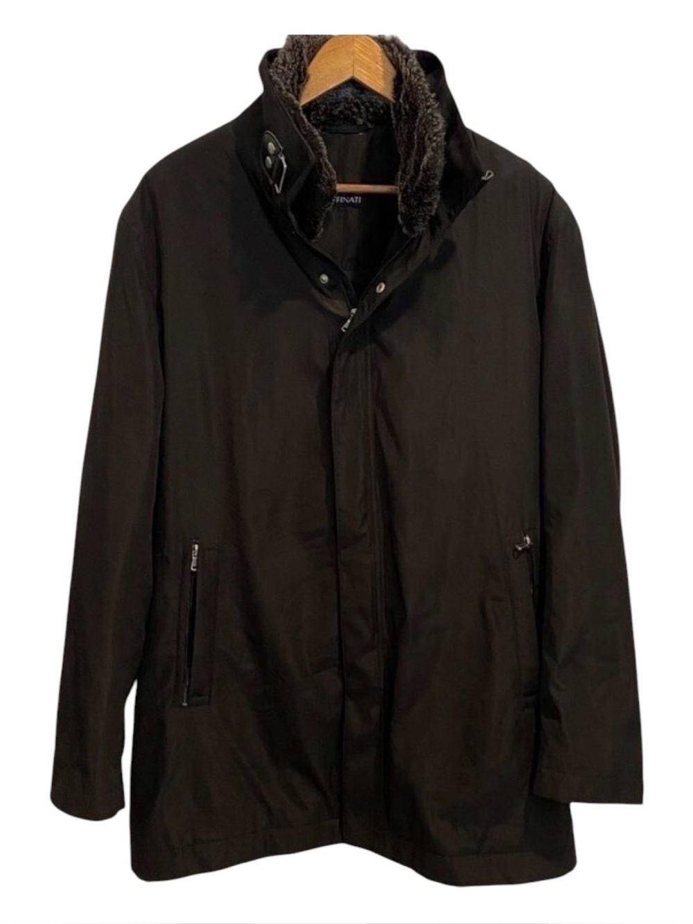Raffinati men black long jacket removable liner faux fur leather strap Medium